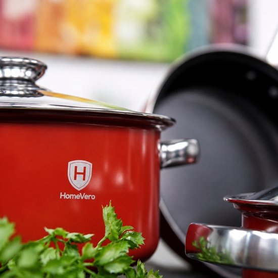 602 : HomeVero 9-Piece Carbon Steel Cookware Set -Red