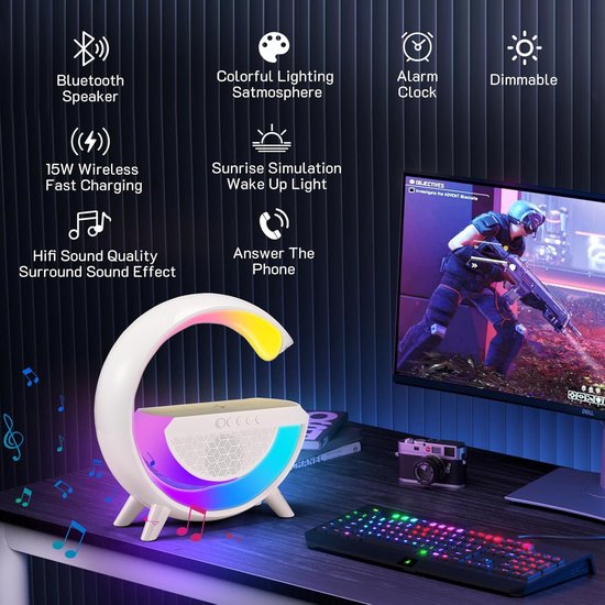 500 : LAMPA LED Z ŁADOWARKĄ QI I GŁOŚNIKIEM BLUETOOTH/LED PHONE STAND