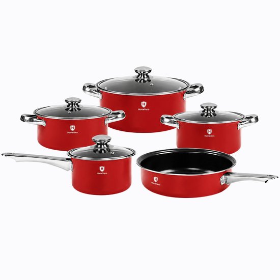 602 : HomeVero 9-Piece Carbon Steel Cookware Set -Red