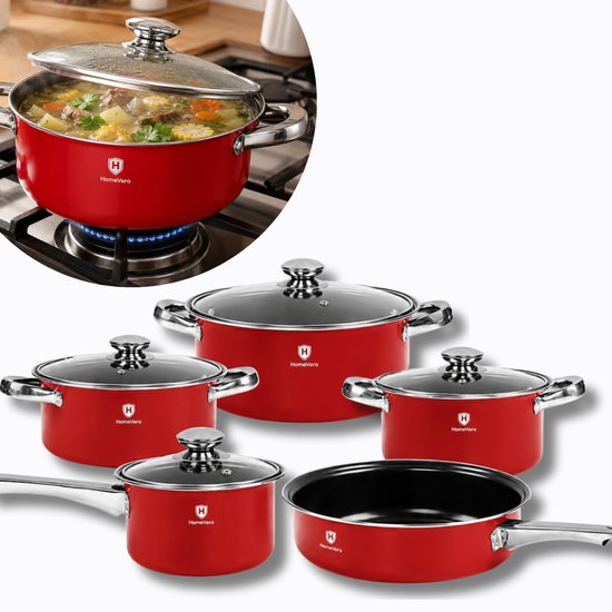 HomeVero 9-Piece Carbon Steel Cookware Set -Red