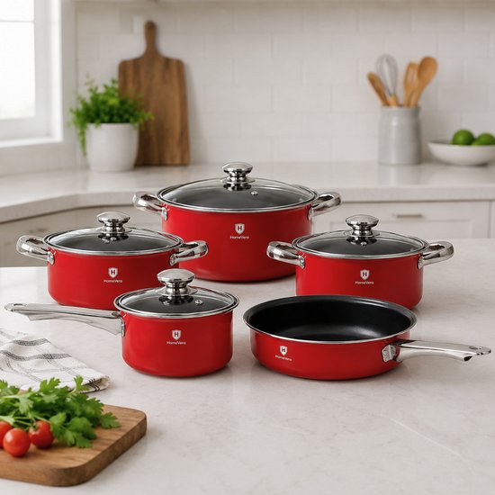 602 : HomeVero 9-Piece Carbon Steel Cookware Set -Red