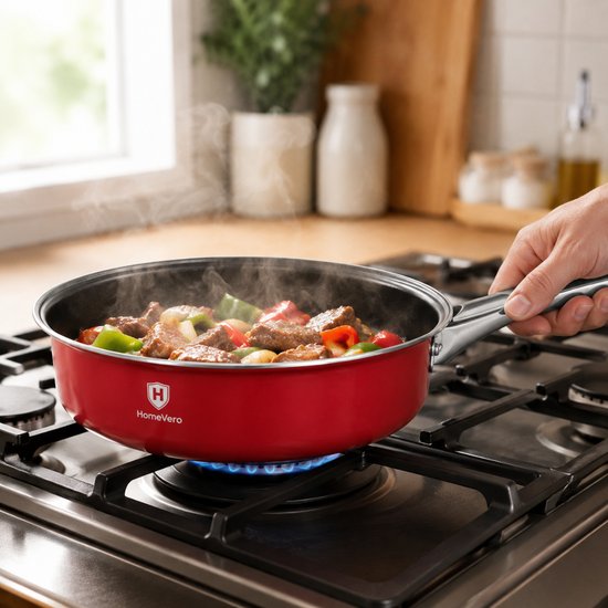 602 : HomeVero 9-Piece Carbon Steel Cookware Set -Red