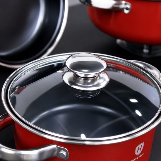 602 : HomeVero 9-Piece Carbon Steel Cookware Set -Red